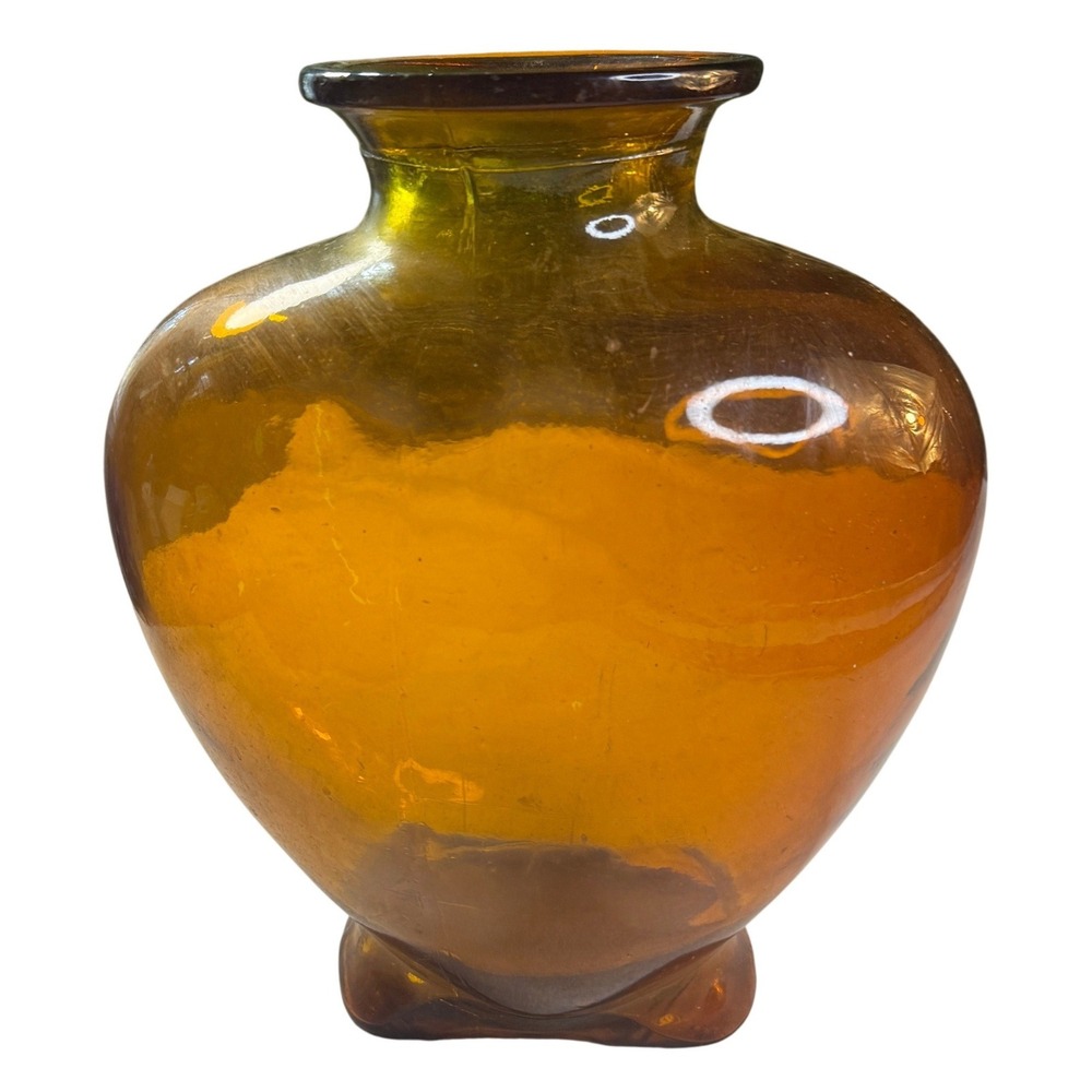 Vintage Large Amber Hand Blown Heart Glass Vase MCM 15" Mid Century Modern